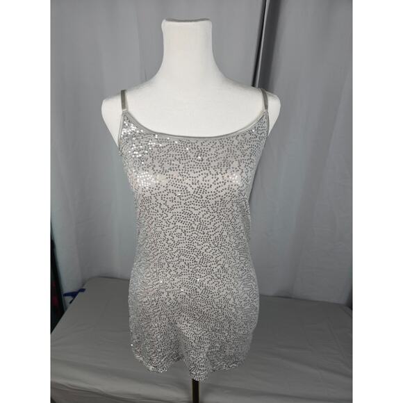 Y2K Sequins Club Glitter Spaghetti Strap Medium Shirt Top Silver Dots - Picture 1 of 10